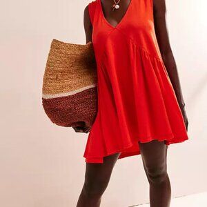 Free People Beach Size Medium Red Coral Mini Dress Swim Cover Up Hemp Cotton